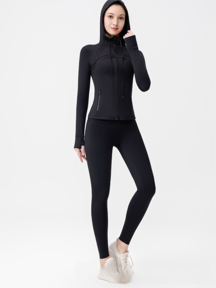 Dames yoga-outfit met capuchon, bestaande uit een 9-punts legging en een slim fit jasje, casual sportkleding voor workouts en dagelijks gebruik._voghion.com