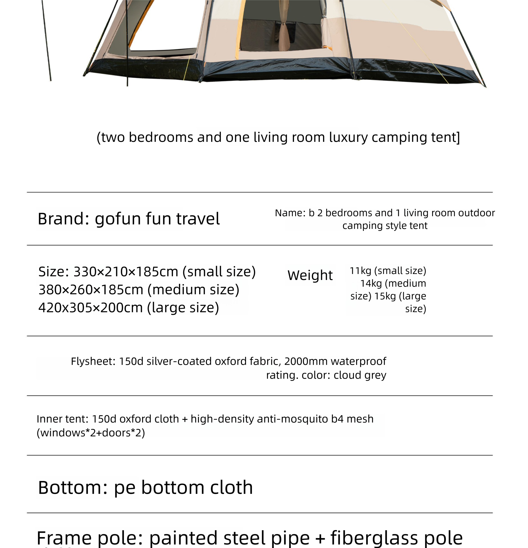 Cort de camping mare pentru mai multe persoane pliabil și impermeabil_voghion.com