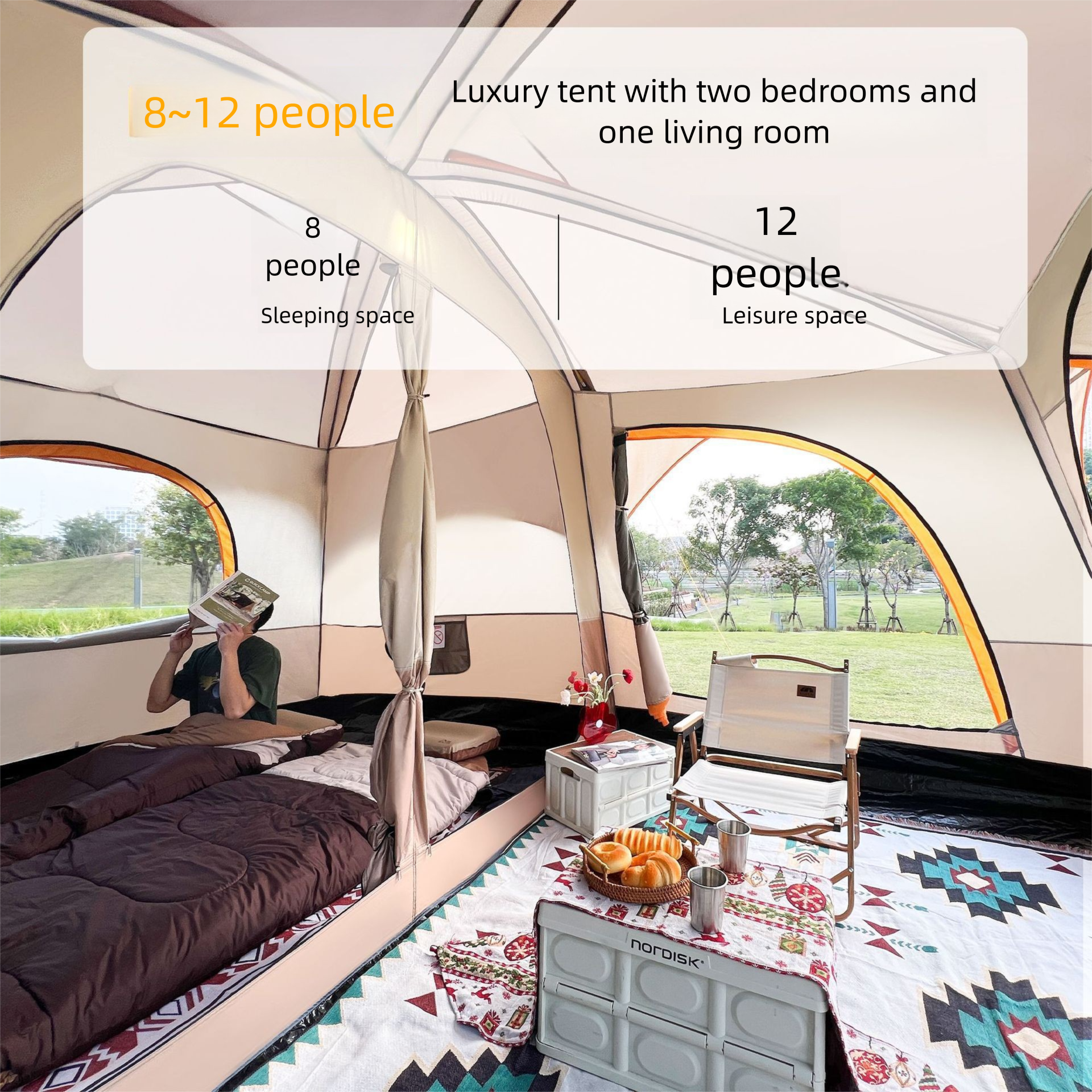 2-Room 1-Living Room Large Camping Tent For Multiple People, Thickened Windproof Rainproof Waterproof Foldable Portable Tent For Outdoor Camping_voghion.com