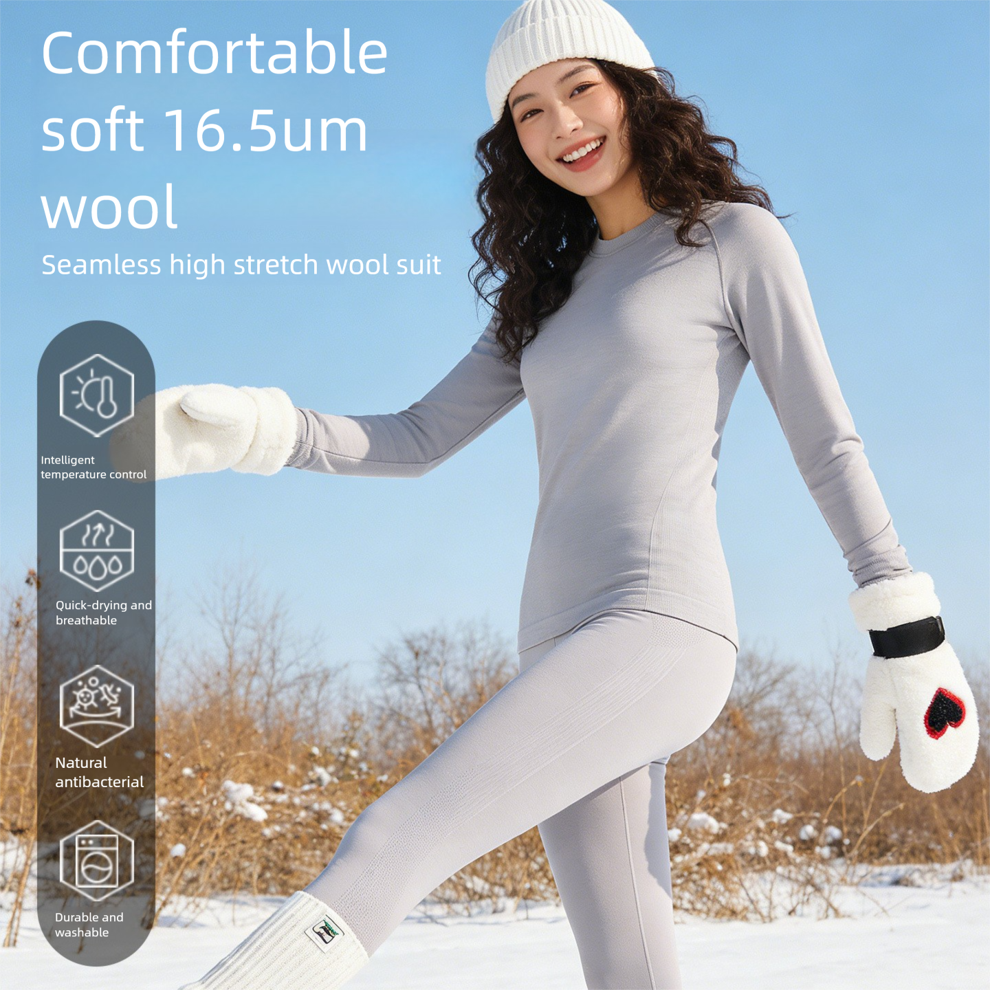 Women's 16.5μm Seamless Merino Wool Base Layer, Quick-Dry Thermal Underwear For Outdoor Skiing, Long-Sleeve Top & Bottom Set_voghion.com