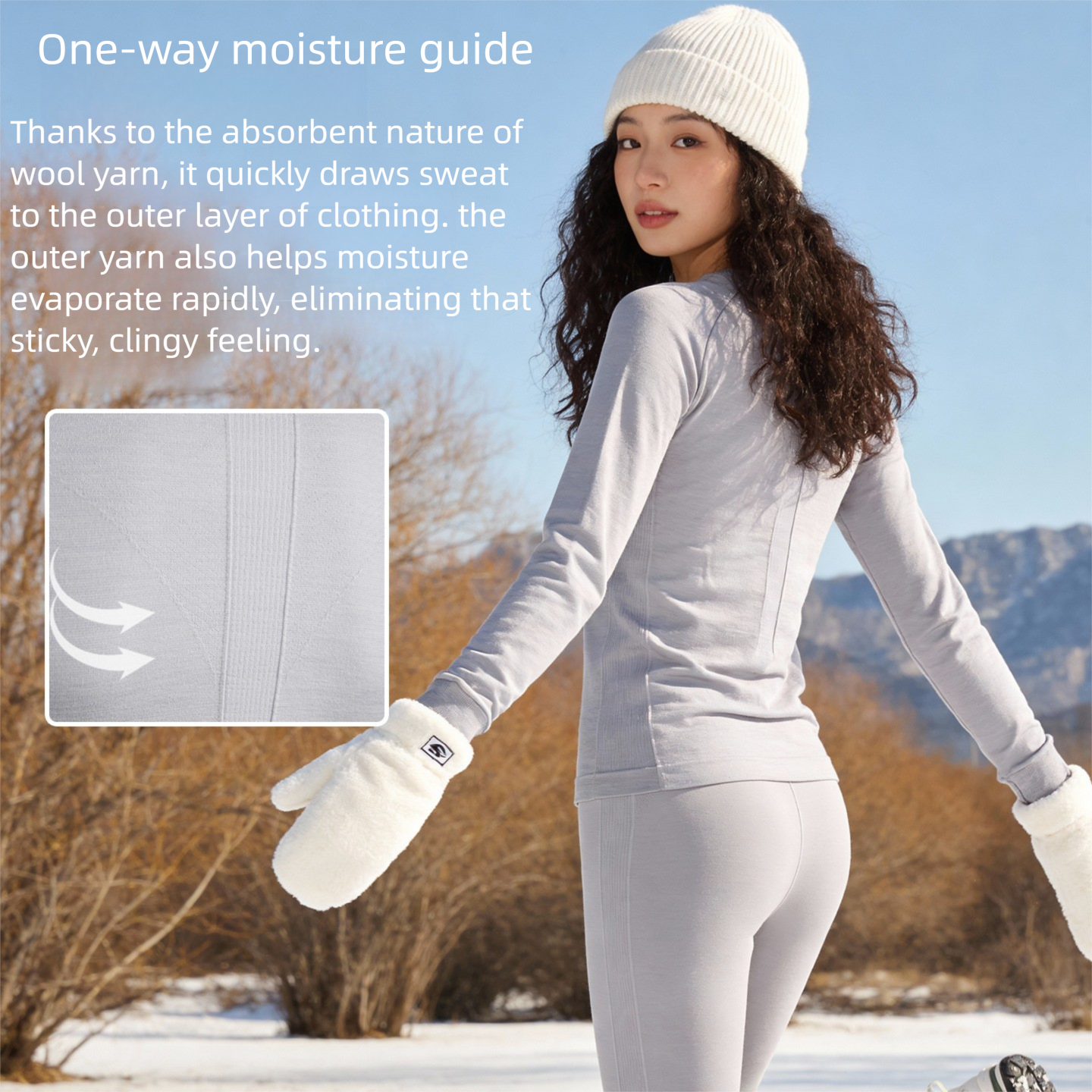 Strato di base in lana merino senza cuciture da 16,5 μm da donna, biancheria intima termica ad asciugatura rapida per lo sci all'aperto, completo a maniche lunghe e pantaloni_voghion.com