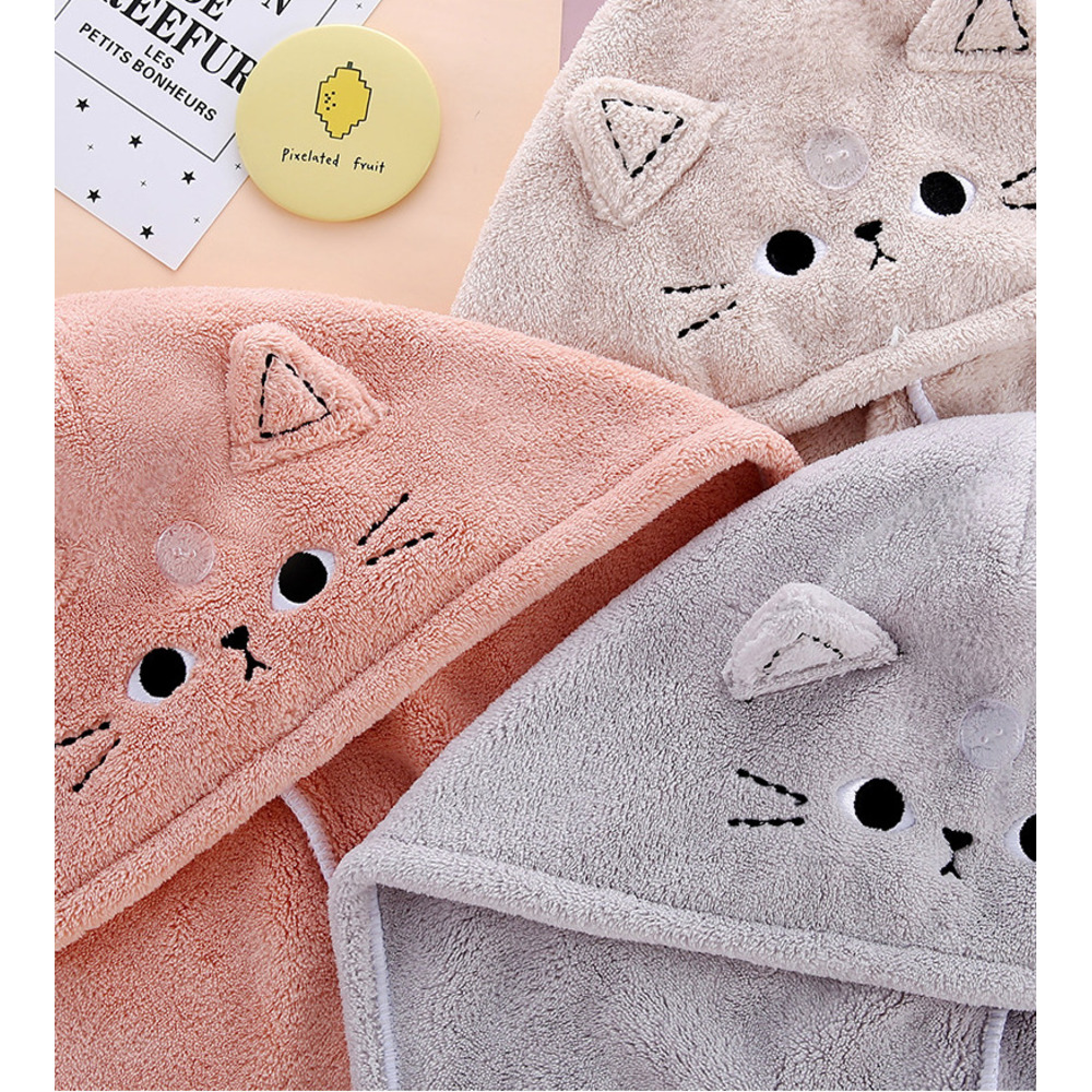 Nouveau bonnet de séchage pour cheveux mignon à motif chat, bandeau et bonnet de douche épais en polaire corail absorbante à séchage rapide_voghion.com