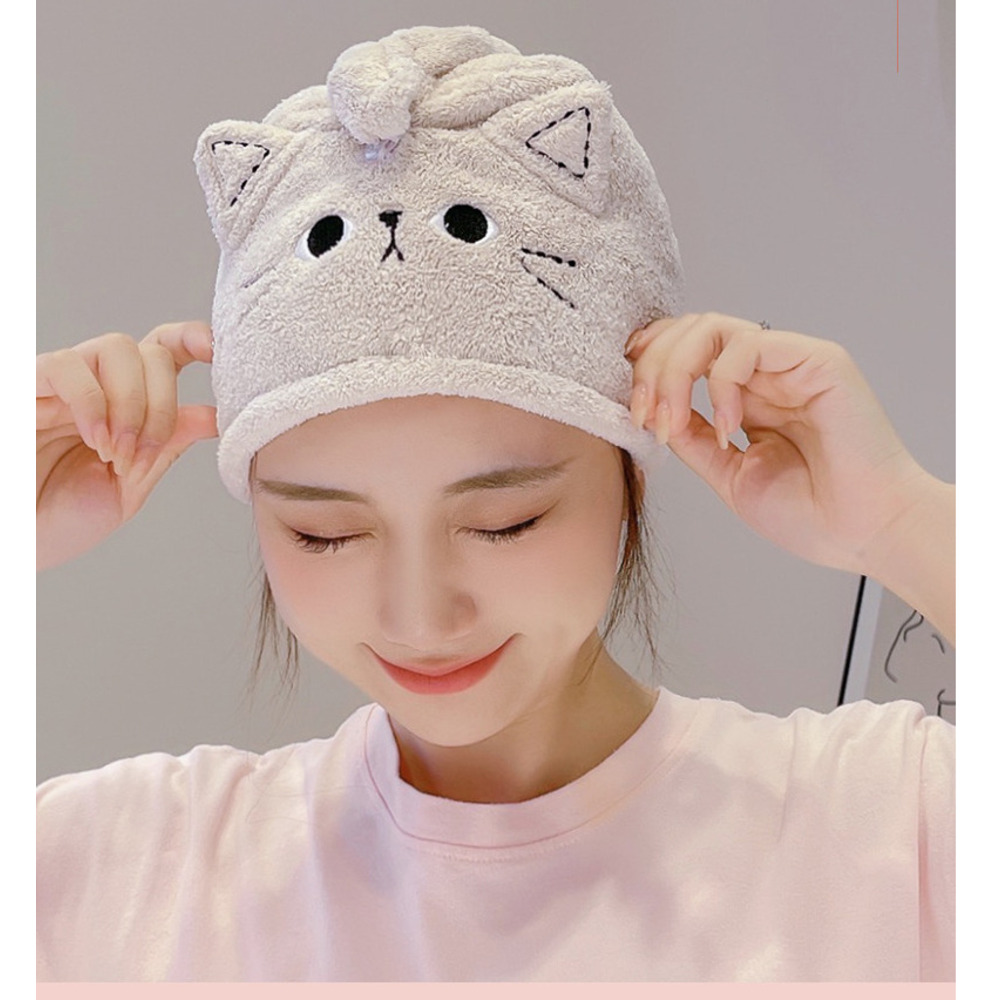 Nouveau bonnet de séchage pour cheveux mignon à motif chat, bandeau et bonnet de douche épais en polaire corail absorbante à séchage rapide_voghion.com