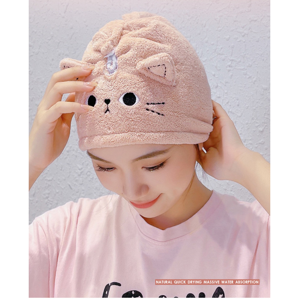 Nouveau bonnet de séchage pour cheveux mignon à motif chat, bandeau et bonnet de douche épais en polaire corail absorbante à séchage rapide_voghion.com