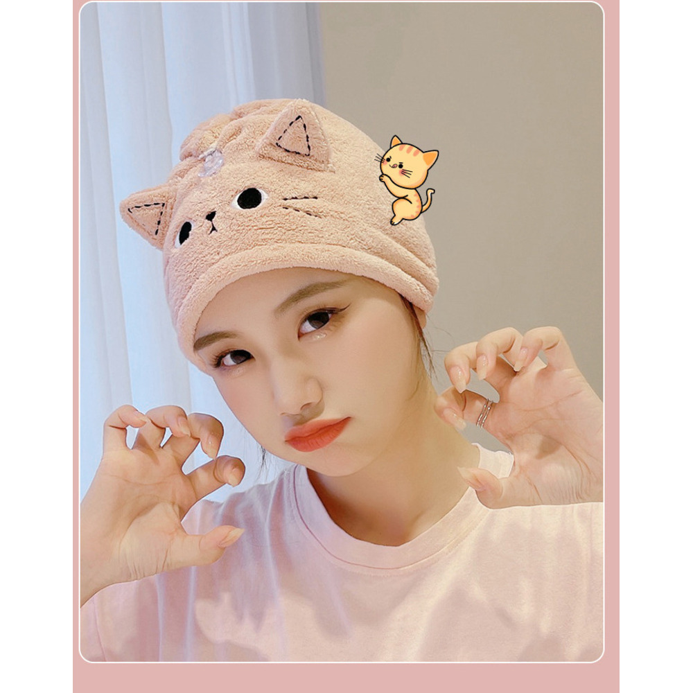 Nouveau bonnet de séchage pour cheveux mignon à motif chat, bandeau et bonnet de douche épais en polaire corail absorbante à séchage rapide_voghion.com