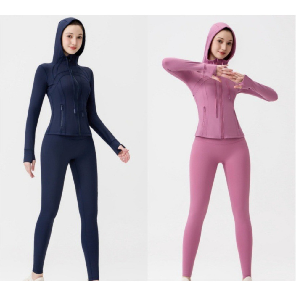 Dames yoga-outfit met capuchon, bestaande uit een 9-punts legging en een slim fit jasje, casual sportkleding voor workouts en dagelijks gebruik._voghion.com