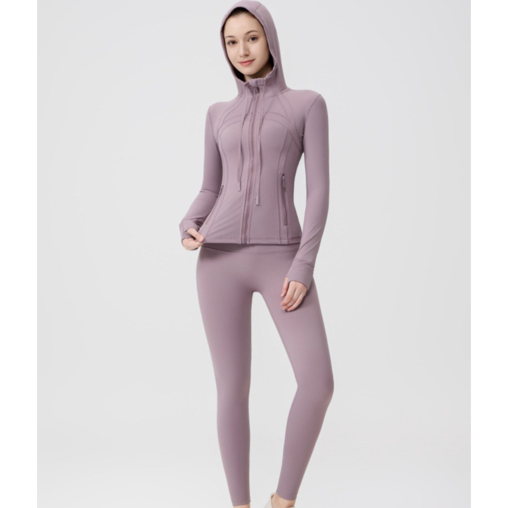 Dames yoga-outfit met capuchon, bestaande uit een 9-punts legging en een slim fit jasje, casual sportkleding voor workouts en dagelijks gebruik._voghion.com