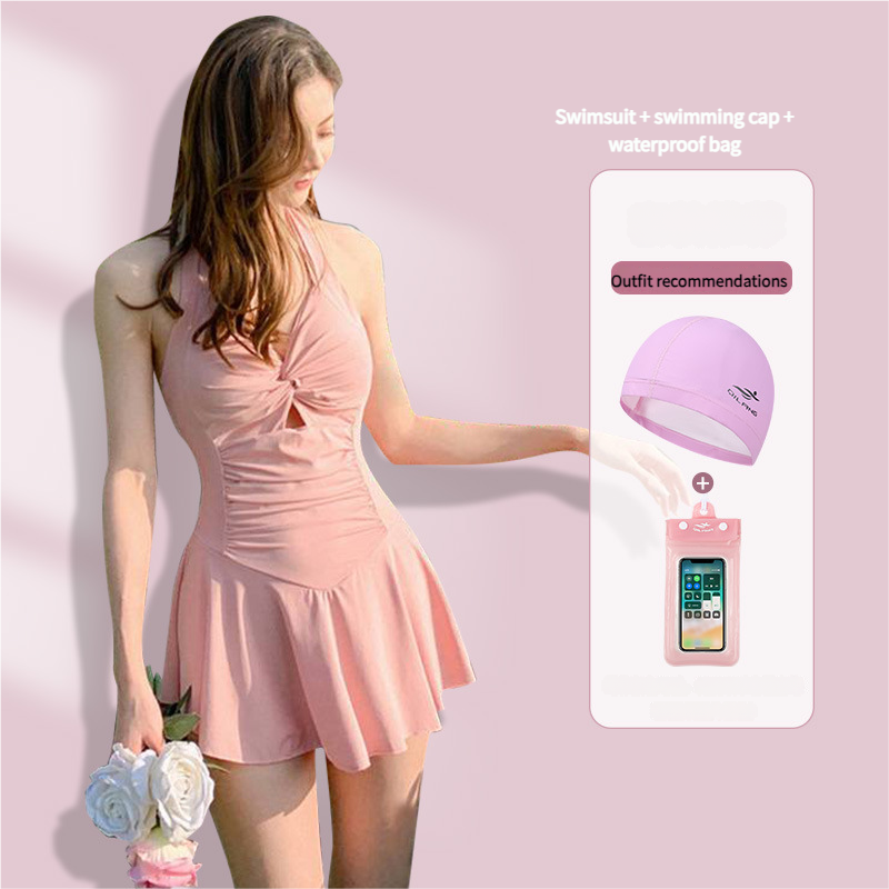 Women's Swimsuit Korean Floral One-Piece Skirt Style Pure Desire Halter Fashion High-End Hot Spring Swimwear Slimming_voghion.com