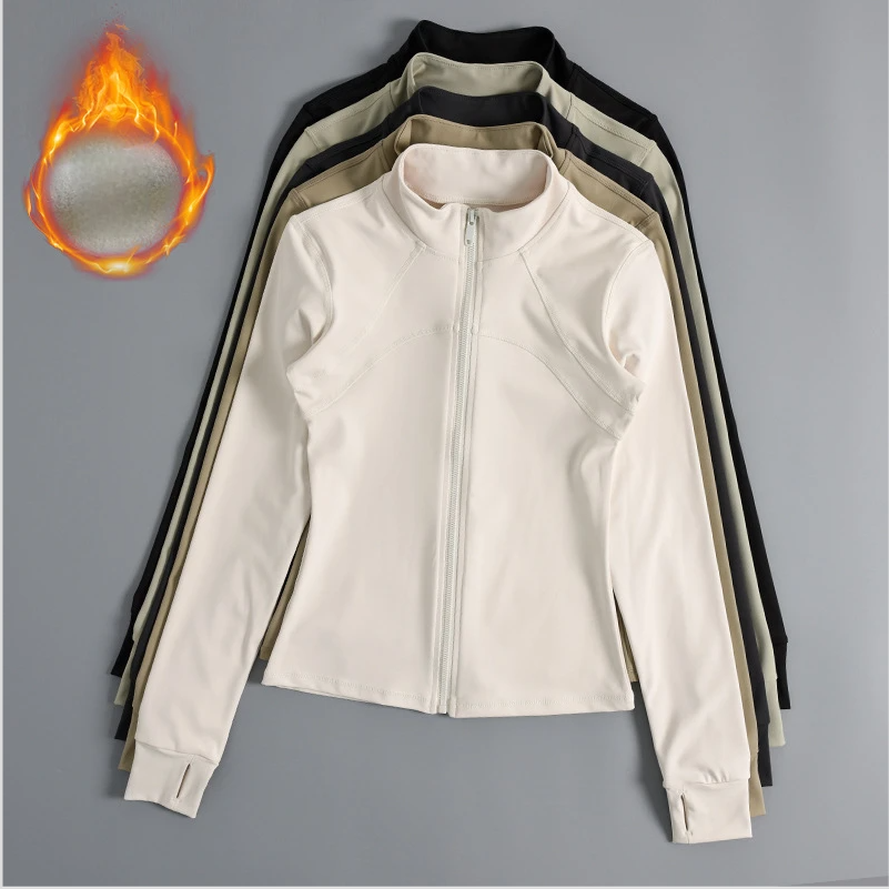 Fleece-Lined Stand Collar Yoga Jacket Women, Slimming Sports Coat, Cycling Clothing, Fitness Wear, Stretchy_voghion.com