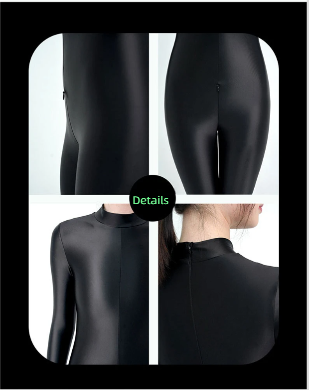 Leggings sportivi modellanti lucidi elastici con cerniera, manica lunga, body intero lucido e liscio_voghion.com