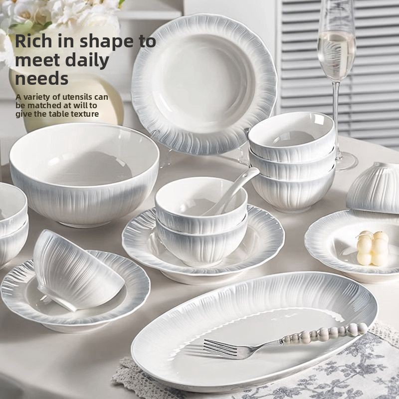 Unterglasurfarbe Creme Haushalt 2024 Neues exquisites hochwertiges Teller-Schüssel- und Essstäbchen-Geschirrset_voghion.com