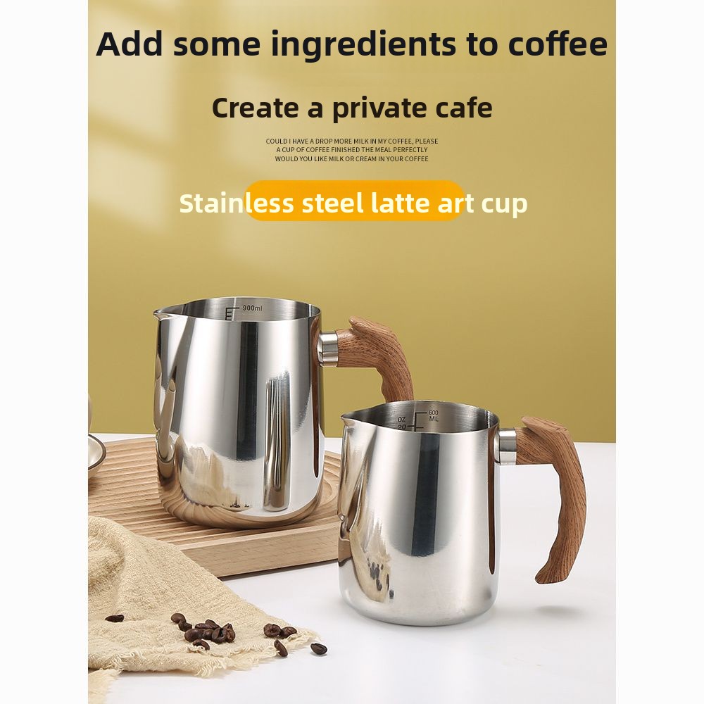 304 Wood Grain Handle Stainless Steel Jug Inner Scale For Coffee, Milk Frothing With Pointed Spout, Thickened Latte Art_voghion.com
