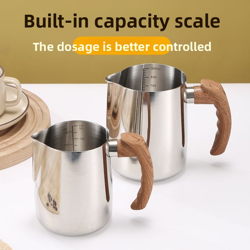 304 Wood Grain Handle Stainless Steel Jug Inner Scale For Coffee, Milk Frothing With Pointed Spout, Thickened Latte Art_voghion.com
