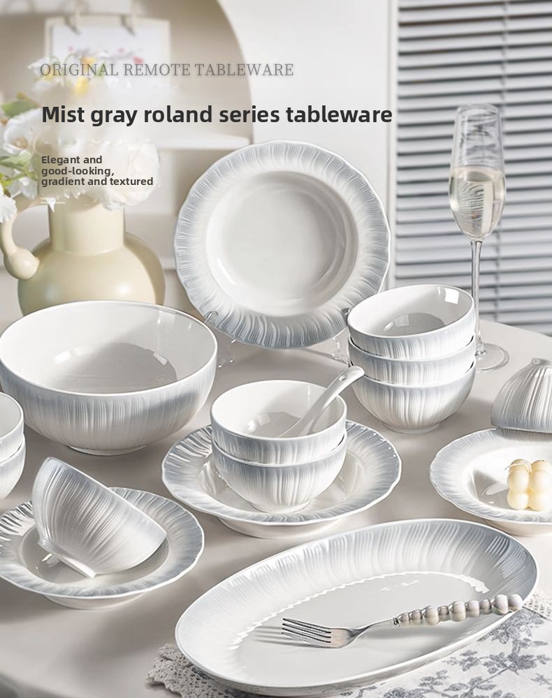 Unterglasurfarbe Creme Haushalt 2024 Neues exquisites hochwertiges Teller-Schüssel- und Essstäbchen-Geschirrset_voghion.com