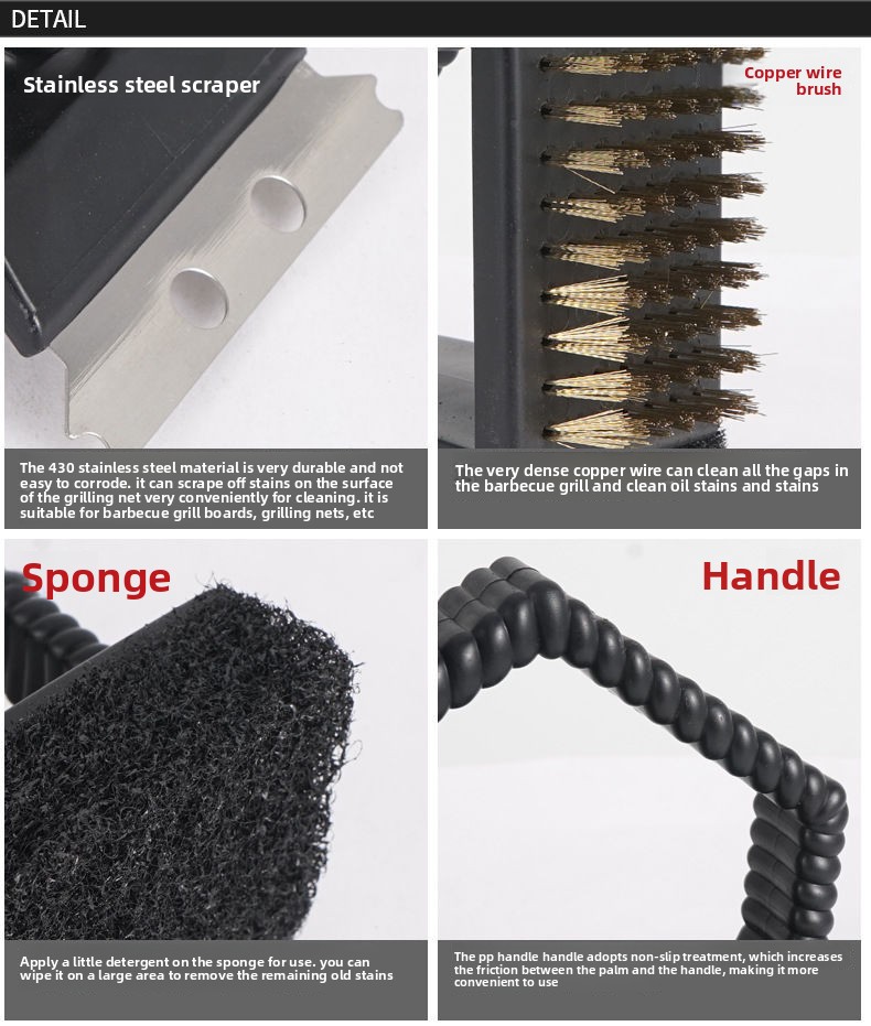 Outdoor Camping Tool Cleaning Picnic Cooking BBQ Grill 3-in-1 Right Angle Copper Wire Triangle Brush_voghion.com