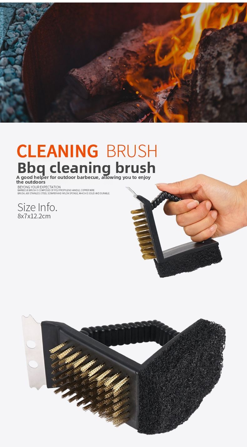 Outdoor Camping Tool Cleaning Picnic Cooking BBQ Grill 3-in-1 Right Angle Copper Wire Triangle Brush_voghion.com