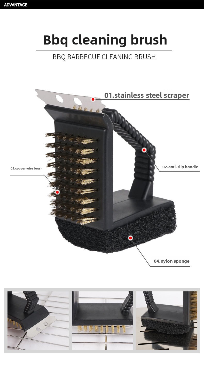 Outdoor Camping Tool Cleaning Picnic Cooking BBQ Grill 3-in-1 Right Angle Copper Wire Triangle Brush_voghion.com