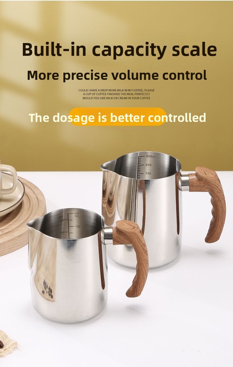 304 Wood Grain Handle Stainless Steel Jug Inner Scale For Coffee, Milk Frothing With Pointed Spout, Thickened Latte Art_voghion.com