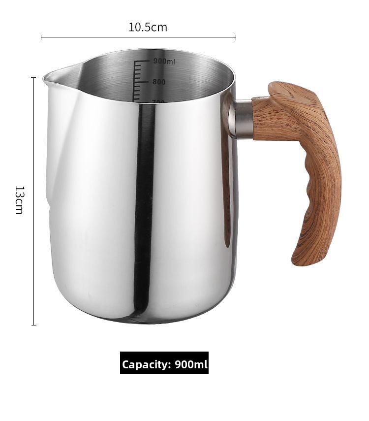 304 Wood Grain Handle Stainless Steel Jug Inner Scale For Coffee, Milk Frothing With Pointed Spout, Thickened Latte Art_voghion.com