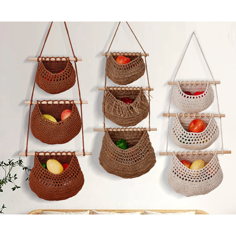 Handwoven Kitchen Bag Vegetable Fruit Cotton Rope Woven Storage Hanging Basket Net_voghion.com