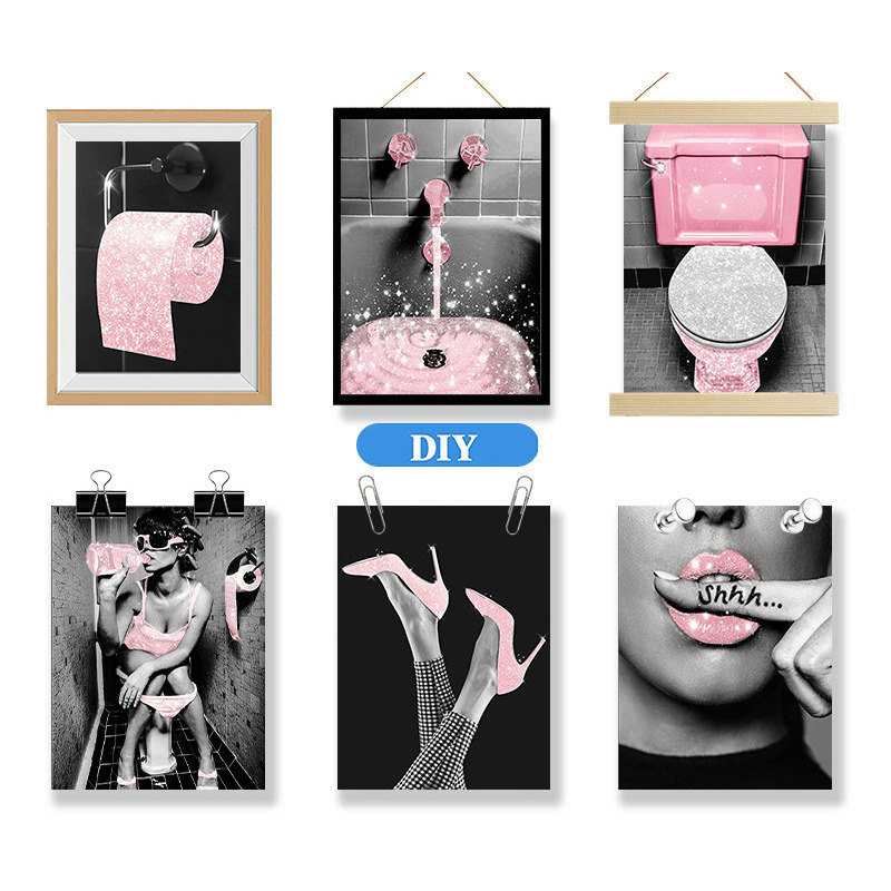 Moda Mulher Brilhante Papel Higiênico Tela Arte de Parede Casa Banheiro Decoração Pintura Núcleo_voghion.com