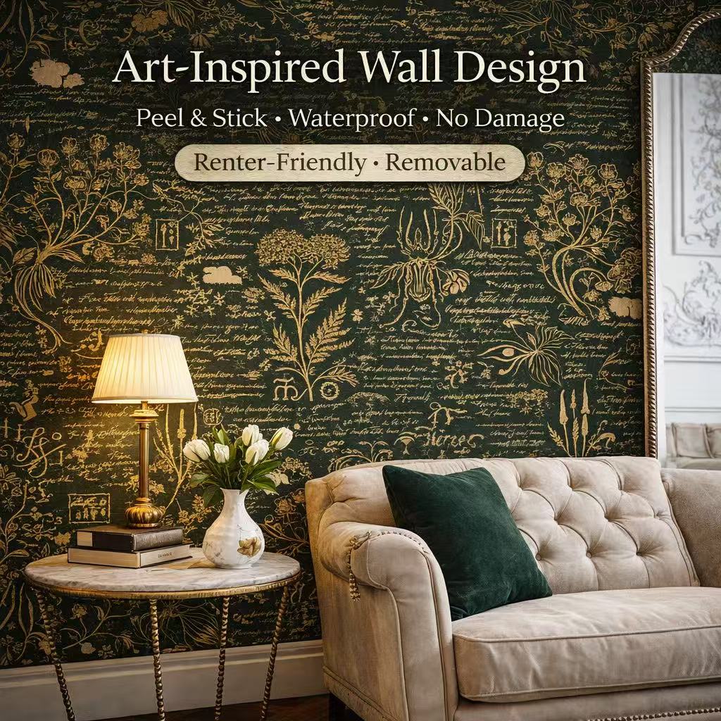 Papel pintado botánico verde oscuro y dorado – Autoadhesivo, impermeable, removible, decoración de pared de lujo_voghion.com