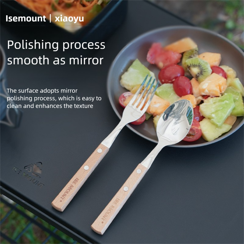 Camping Outdoor 304 Stainless Steel Spoon Set, Steak Fork And Spoon, Japanese Simple Style With Beech Wood Handle_voghion.com