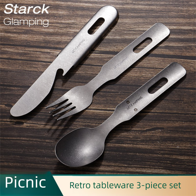 Conjunto de talheres de três peças em aço inoxidável, com faca, garfo e colher, portátil, multifuncional, estilo retrô, com estampa de floco de neve, ideal para camping._voghion.com