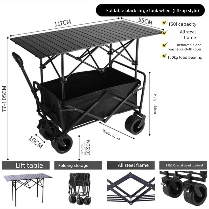 Outdoor Camp Camping Push Foldable Small Cart Stall Table_voghion.com