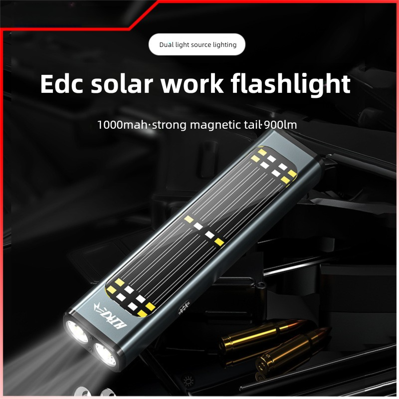 Solar-powered Outdoor Dual-lamp Floodlight Flashlight, Auto Repair Work Red Light Warning Light, Power Indicator, Back_voghion.com