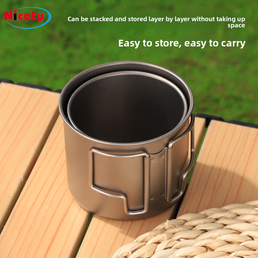 Outdoor Pure Water Cookware, Titanium Camping Cup With Foldable Handle, Single-layer Drinking Cup, Portable_voghion.com