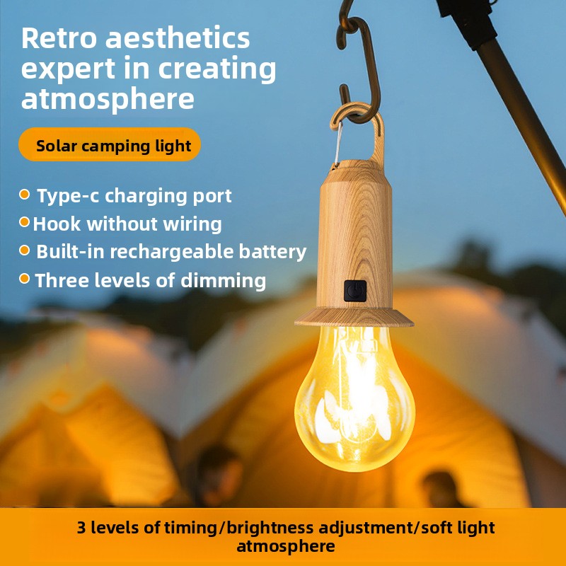 Outdoor Solar Light With Handle And Hook, Tent TYPE-C Rechargeable Camping Light, Vintage Ambiance Bulb_voghion.com