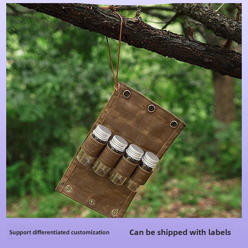 Outdoor Tableware Bag, 3-canister Canvas Spice Kit, Camping Barbecue Picnic Seasoning Bottle Storage Bag_voghion.com