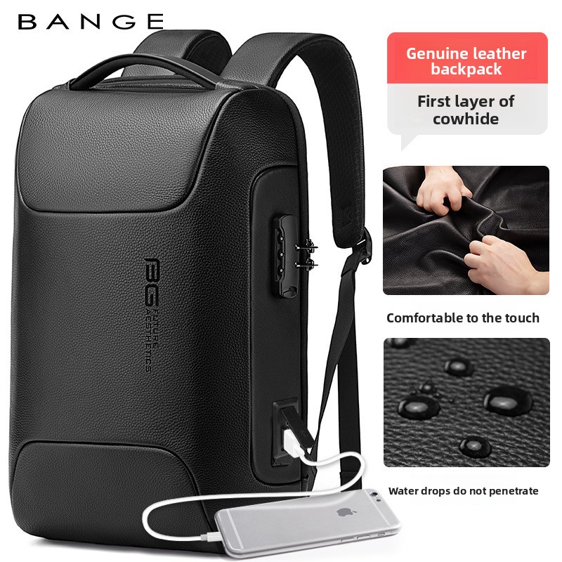 BANGE New Men's Genuine Leather Business Backpack, Waterproof Large-capacity Commuter Laptop Backpack_voghion.com