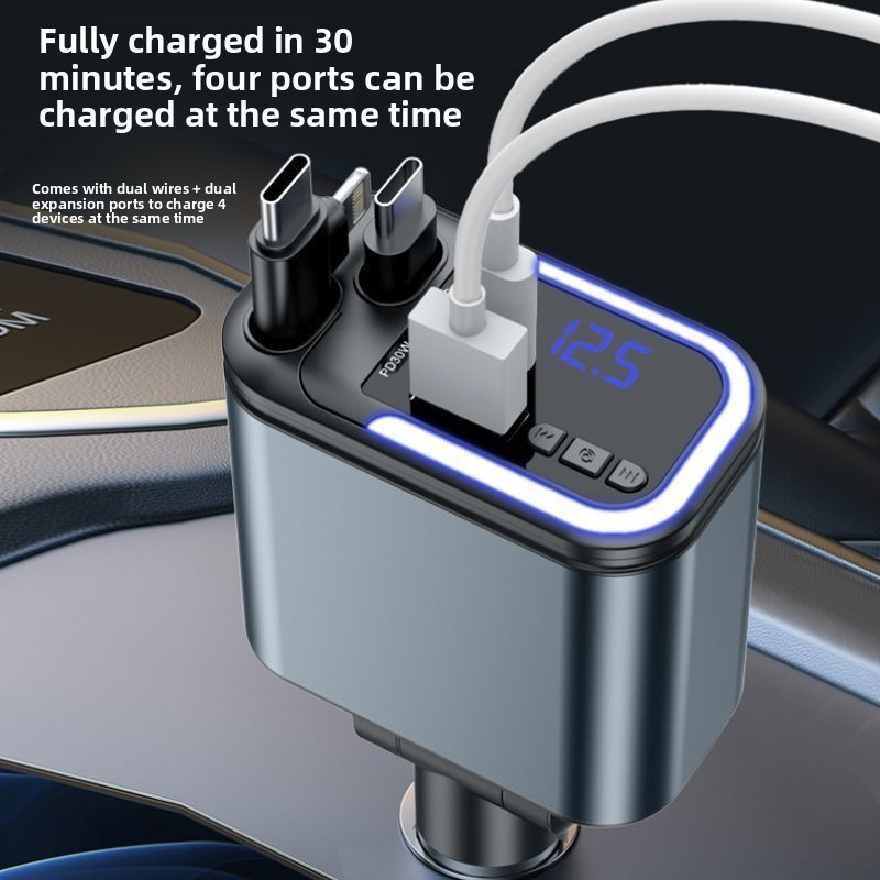 Caricabatterie multifunzionale con doppia porta Type-C, ricarica rapida super veloce retrattile di alta gamma e Bluetooth per auto._voghion.com