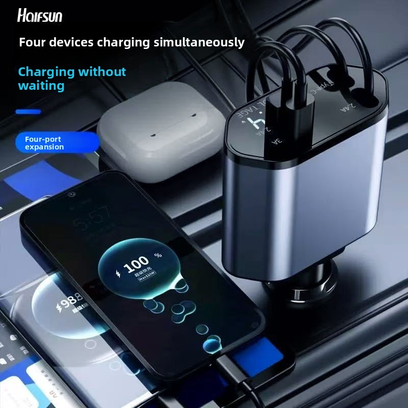 Caricabatterie multifunzionale con doppia porta Type-C, ricarica rapida super veloce retrattile di alta gamma e Bluetooth per auto._voghion.com