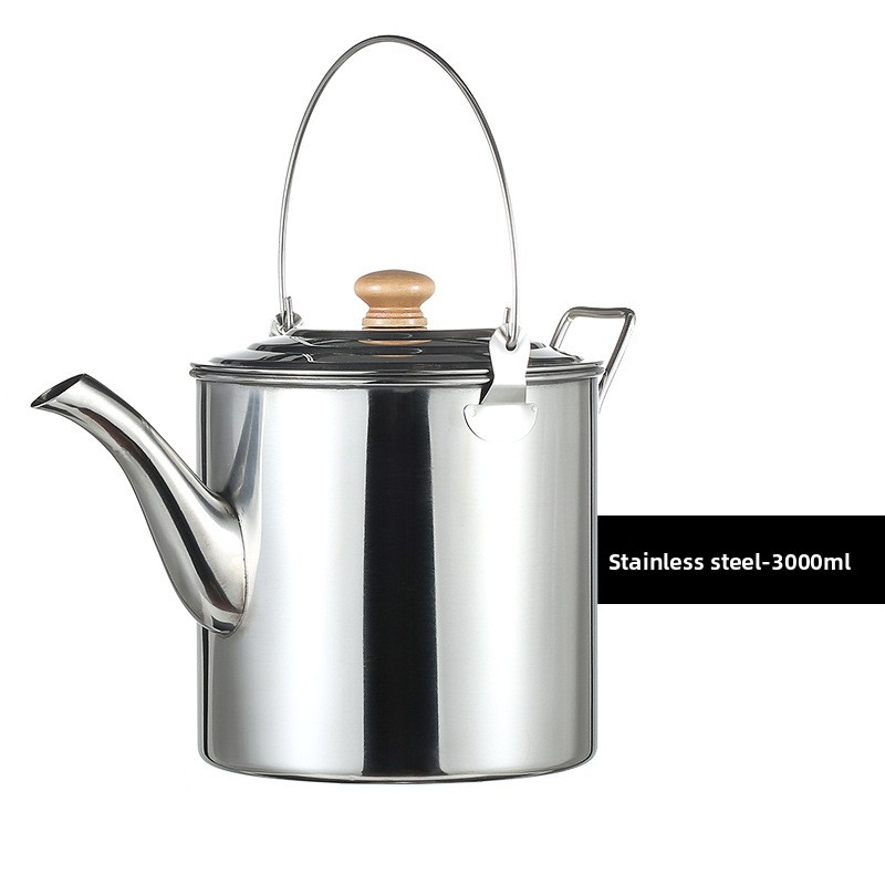 Bouilloire portable d'extérieur en acier inoxydable, grande capacité, avec poignée en bois, idéale pour le thé et le café, le camping et la cuisine._voghion.com