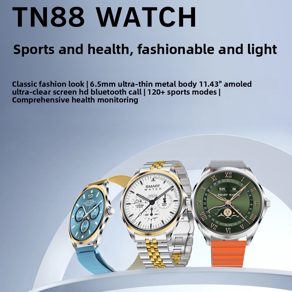 Relógio inteligente feminino moderno com tela AMOLED grande, corpo de metal ultrafino de 6,5 mm, pulseira de aço com efeito degradê, modelo TN88._voghion.com