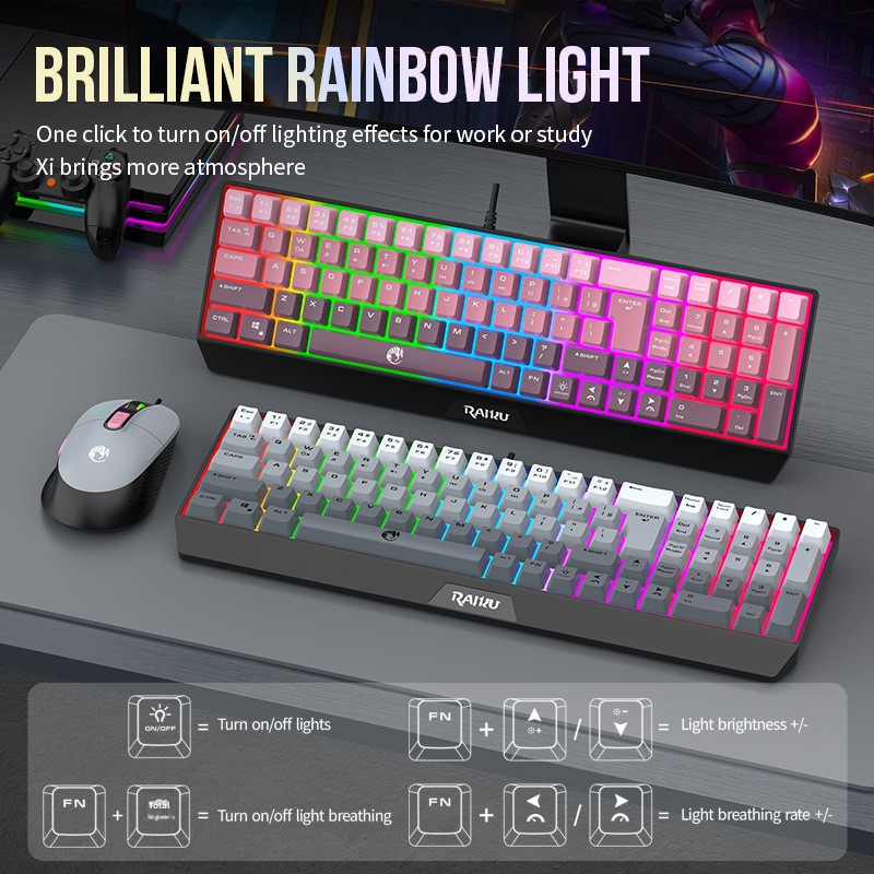 Set mouse e tastiera da gioco RAIKU T85 con illuminazione a tre colori sfumati, cablato e luminoso._voghion.com