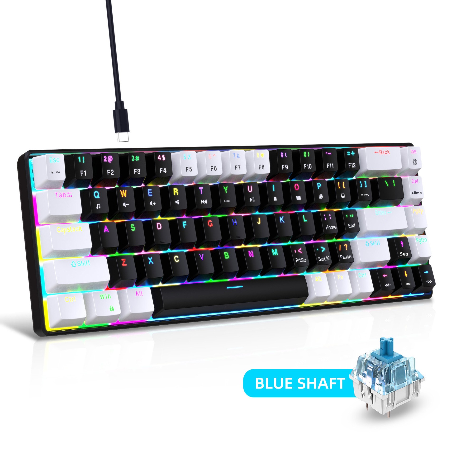 Neue kabelgebundene mechanische Tastatur mit 68 Tasten in Weiß und Schwarz, RGB-Hintergrundbeleuchtung, unterstützt Makroprogrammierung und hat abnehmbare blaue Schalter._voghion.com