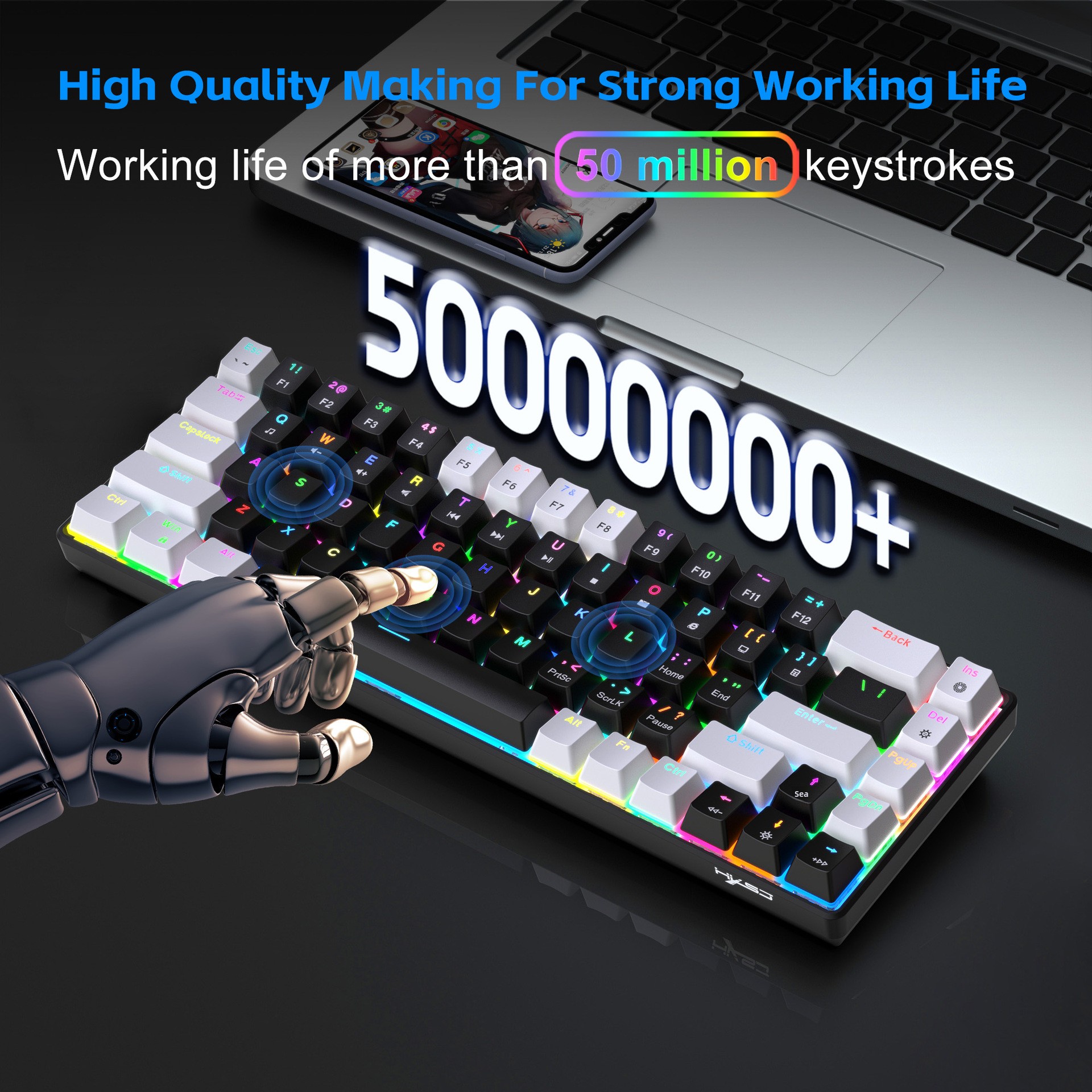 Neue kabelgebundene mechanische Tastatur mit 68 Tasten in Weiß und Schwarz, RGB-Hintergrundbeleuchtung, unterstützt Makroprogrammierung und hat abnehmbare blaue Schalter._voghion.com