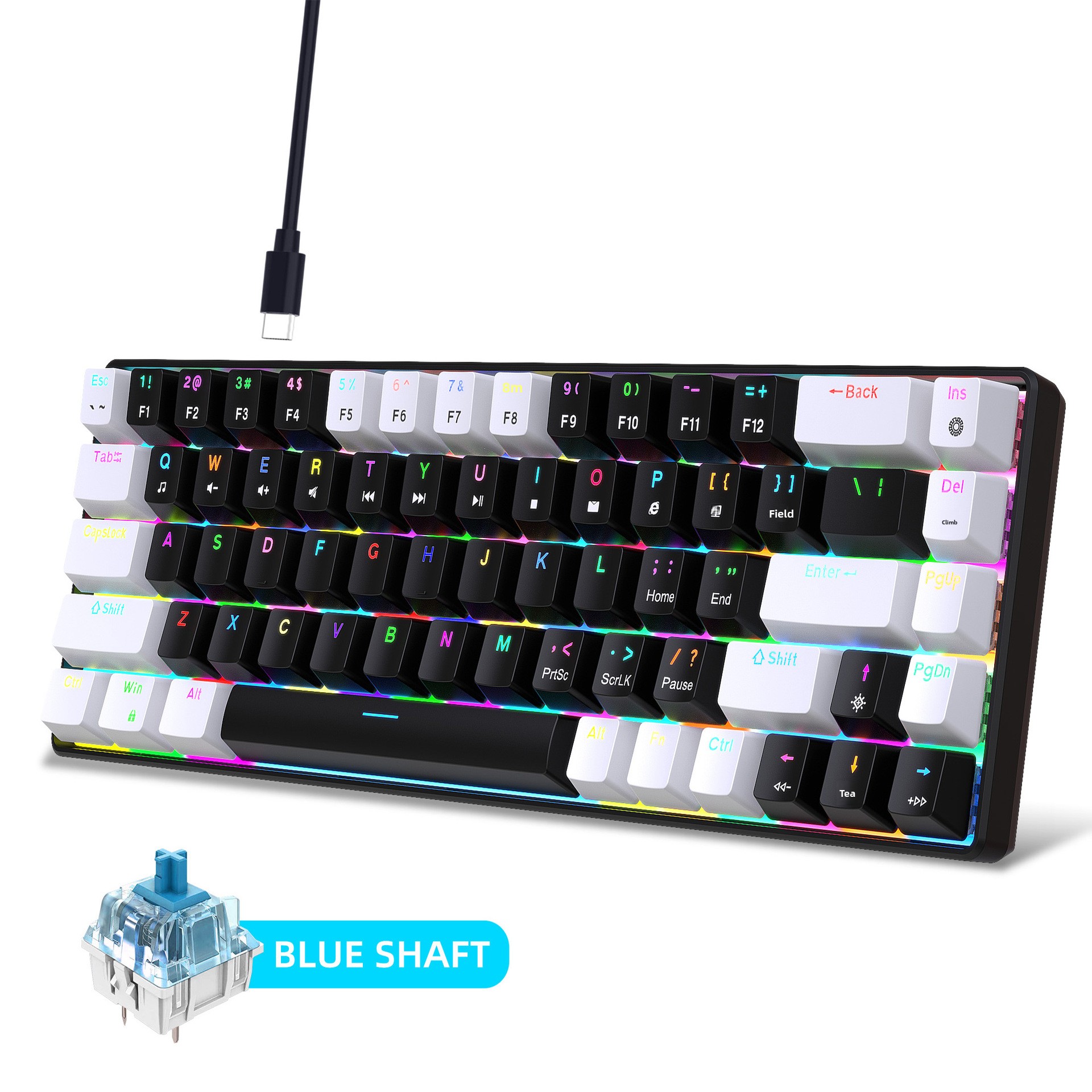 Neue kabelgebundene mechanische Tastatur mit 68 Tasten in Weiß und Schwarz, RGB-Hintergrundbeleuchtung, unterstützt Makroprogrammierung und hat abnehmbare blaue Schalter._voghion.com