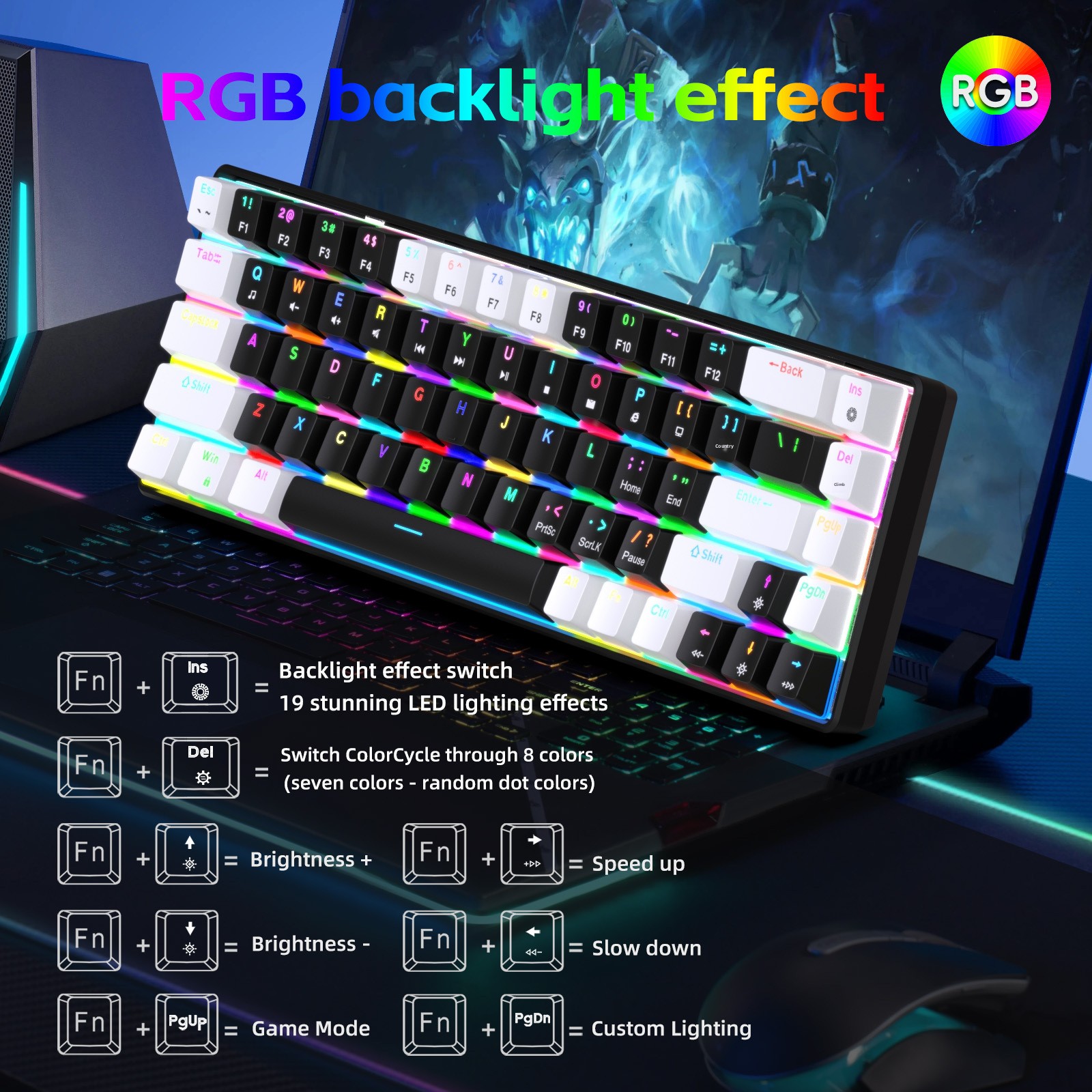 Neue kabelgebundene mechanische Tastatur mit 68 Tasten in Weiß und Schwarz, RGB-Hintergrundbeleuchtung, unterstützt Makroprogrammierung und hat abnehmbare blaue Schalter._voghion.com