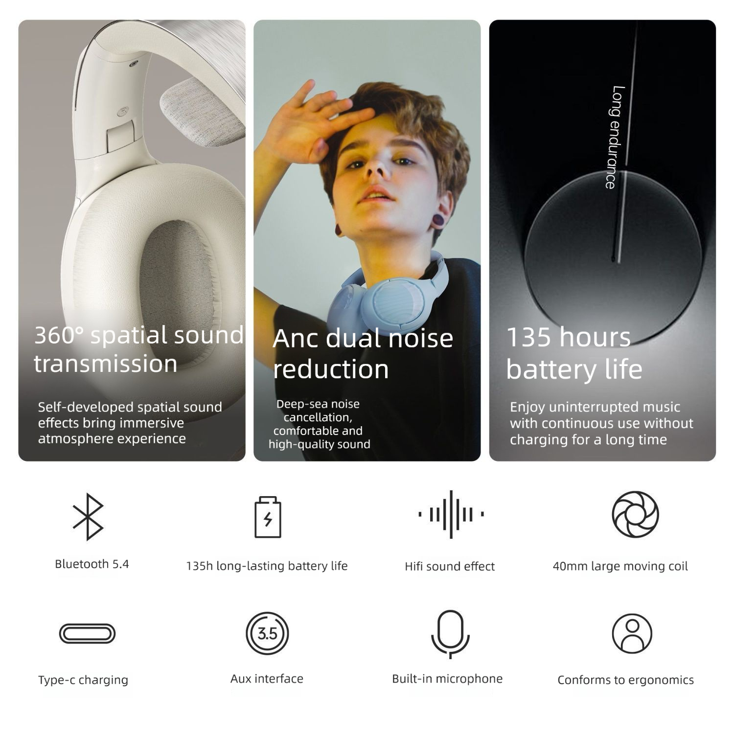2025 ANC Wireless Headphones Over-Ear Bluetooth 5.3 Transparency Mode HiFi Stereo Foldable For Commute Flight Work_voghion.com