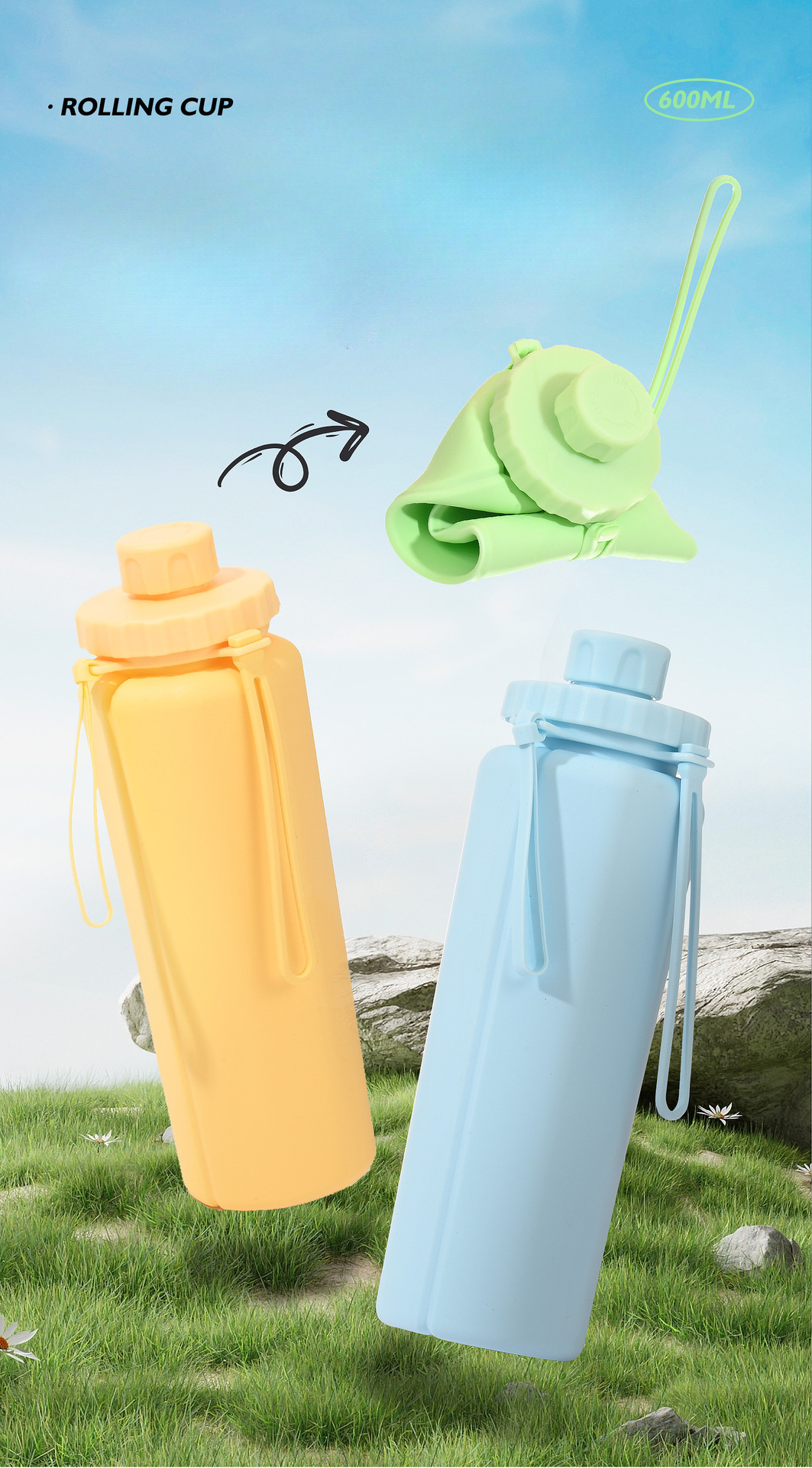 Borraccia sportiva pieghevole per attività all'aperto, ciclismo, viaggi d'affari, portatile, grande capacità, tazza in silicone, escursionismo_voghion.com