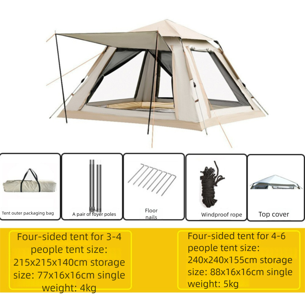 Quick Opening Four Sided Portable Outdoor Tent For 3-4 People, Thickened Rainproof Camping, Fully Automatic Camping Tent_voghion.com