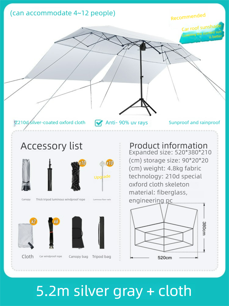 Kein Aufstellen eines Baldachinzeltes nötig, multifunktionale, zusammenklappbare Outdoor-Campingausrüstung, komplettes Set aus Sonnenschutz und Sonnenschirm, Picknick_voghion.com