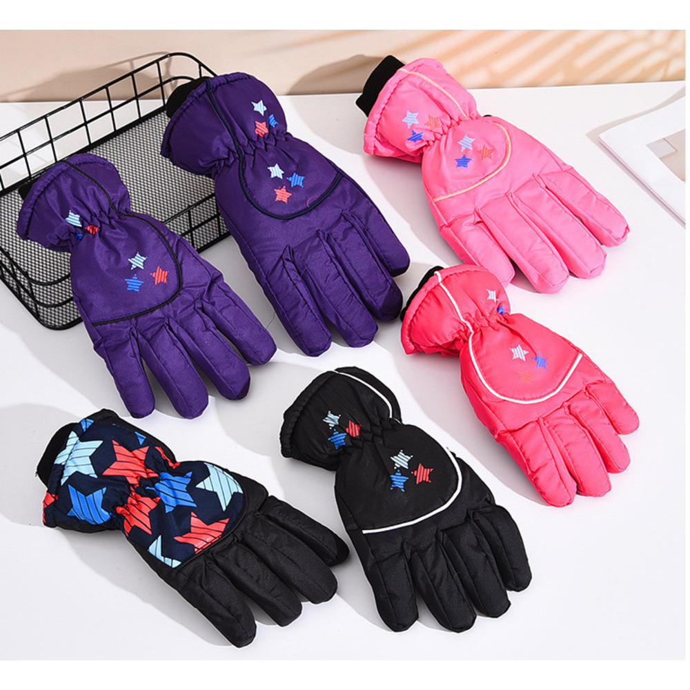 Children's Winter Outdoor Printed Star Ski Boys And Girls Fleece Lined Thickened Warm Sports Cold-Proof Cycling Gloves_voghion.com