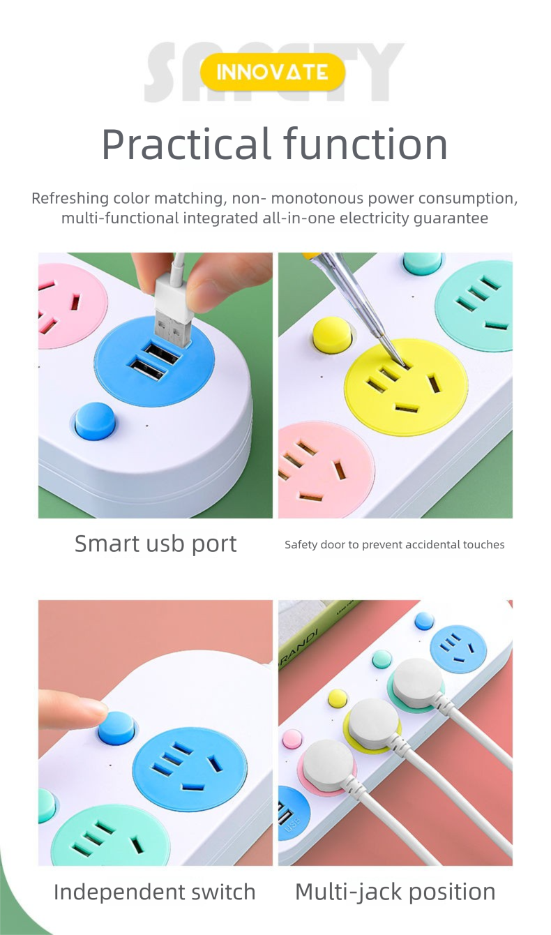 Multi-Schalter-Steckdose mit langem USB-Kabel, reines Kupfer, Steckdosenleiste, Schlafsaal, Büro, Zuhause, hohes Erscheinungsbild, Mehrfachloch_voghion.com