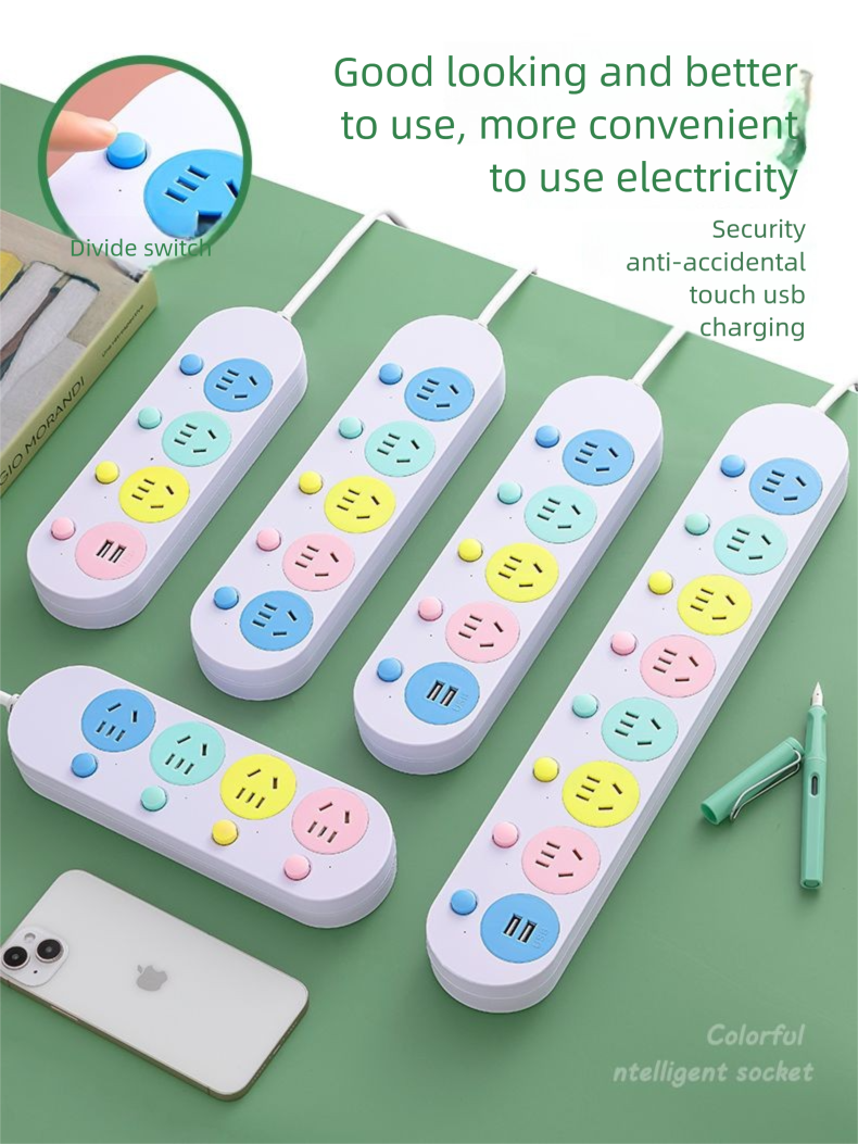 Multi-Schalter-Steckdose mit langem USB-Kabel, reines Kupfer, Steckdosenleiste, Schlafsaal, Büro, Zuhause, hohes Erscheinungsbild, Mehrfachloch_voghion.com